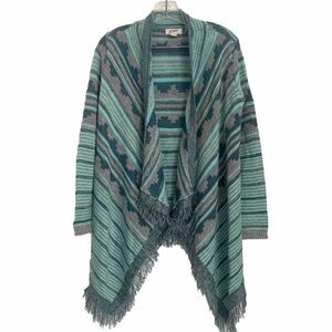 Arizona Jeans Blanket Sweater Southwest Cardigan Native Sz M Turquoise Fringe
